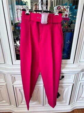 Zara Vibrant Fuchsia High-Waist Belted Ankle Tapered Pants M